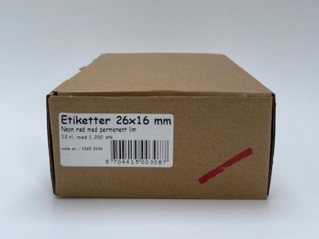 Etiketter 26x16 neon rød perm. lim - 12 rl.