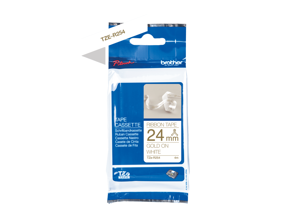 Brother TZe-R254 Satin Ribbon - Gold on White, 24mm x 4m