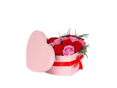 Heart box pink with red bow 15x19x10 cm