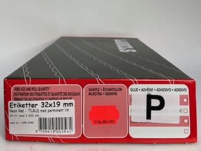Etiketter 32x19 neon rød - Tilbud perm. - 30 rl.