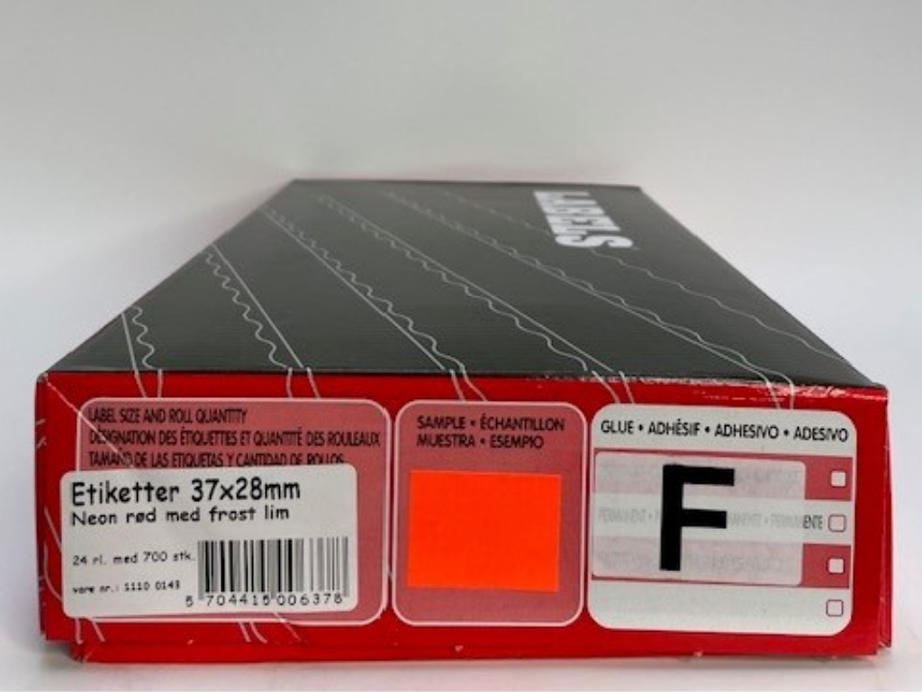 Etiketter 37x28 neon rød m/ frost lim. 24 rl / krt.