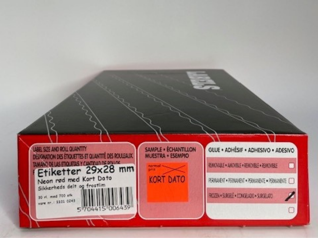 Etiketter 29x28 Kort Dato - neon rød m/ frost lim - sikkerheds delt.
