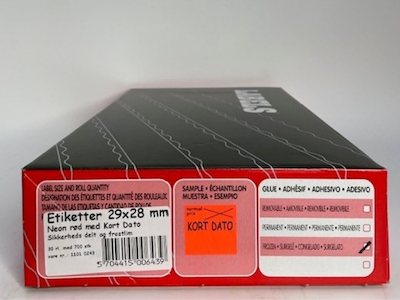 Etiketter 29x28 Kort Dato - neon rød m/ frost lim - sikkerheds delt.