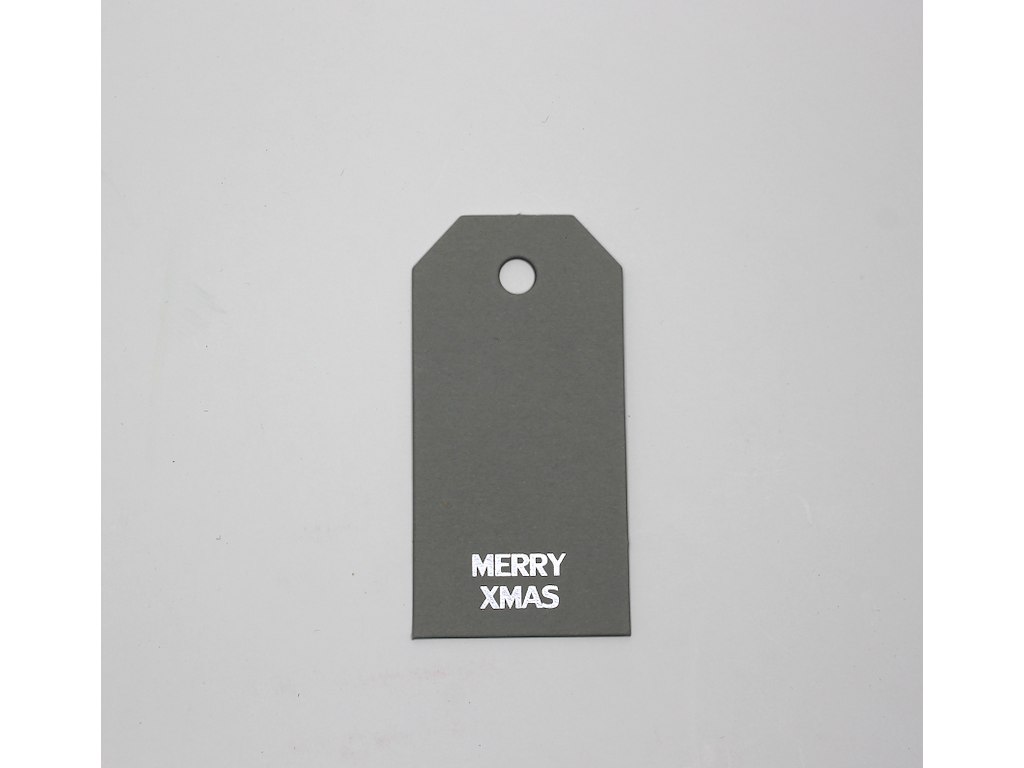 Papmærke 4x8cm Merry Xmas grå m/sølv tryk 100 stk 
