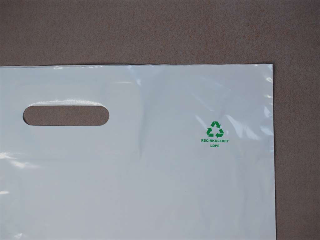 Hvide plastikbærepose af genbrugsplast 55x55/5 cm