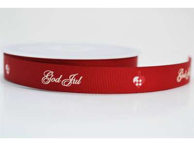 Rødt julebånd "God Jul" 16mm x 20 meter