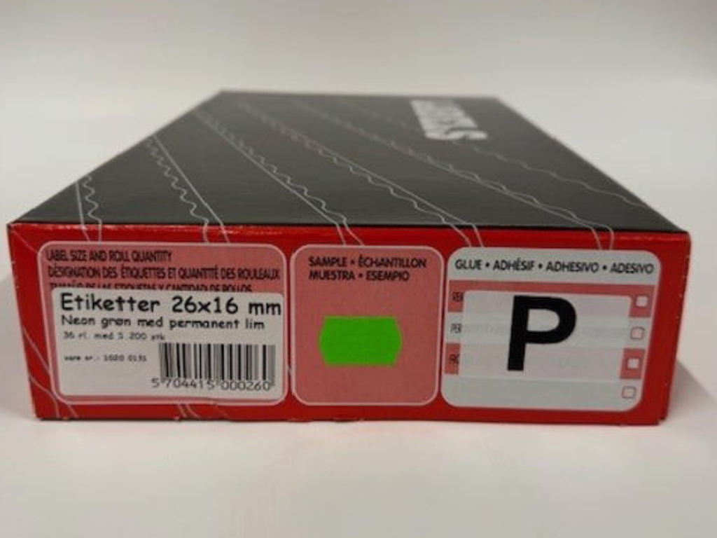 Etiketter 26x16mm neon grøn - 36 rl. 
