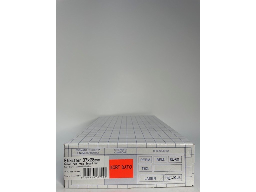 Etiketter 37x28 neon rød - Kort Dato m/ frostlim - 24 rl. - sikkerheds delt