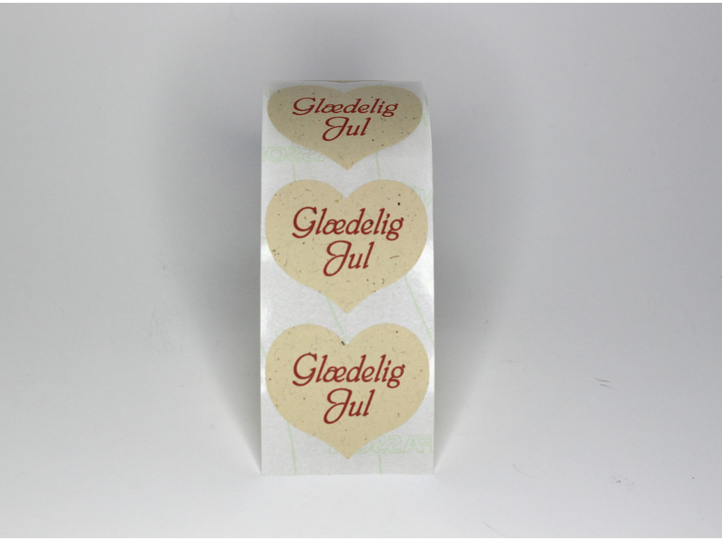 Genbrugsetiketter "Glædelig Jul" hjerte m. rødt tryk (500stk)