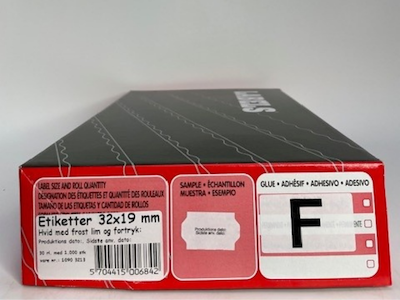 Etiketter 32x19 hvid m/ fortryk Produktionsdato - Sidset anv. dato m/frostlim - 30 rl. m/1.000 stk.