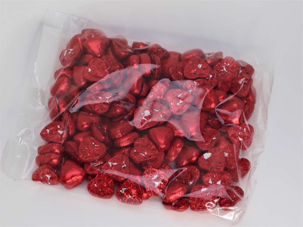 Chokolade hjerter i rød staniol 1 kg pose