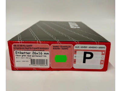 Etiketter 26x12mm neon grøn - 36 rl.