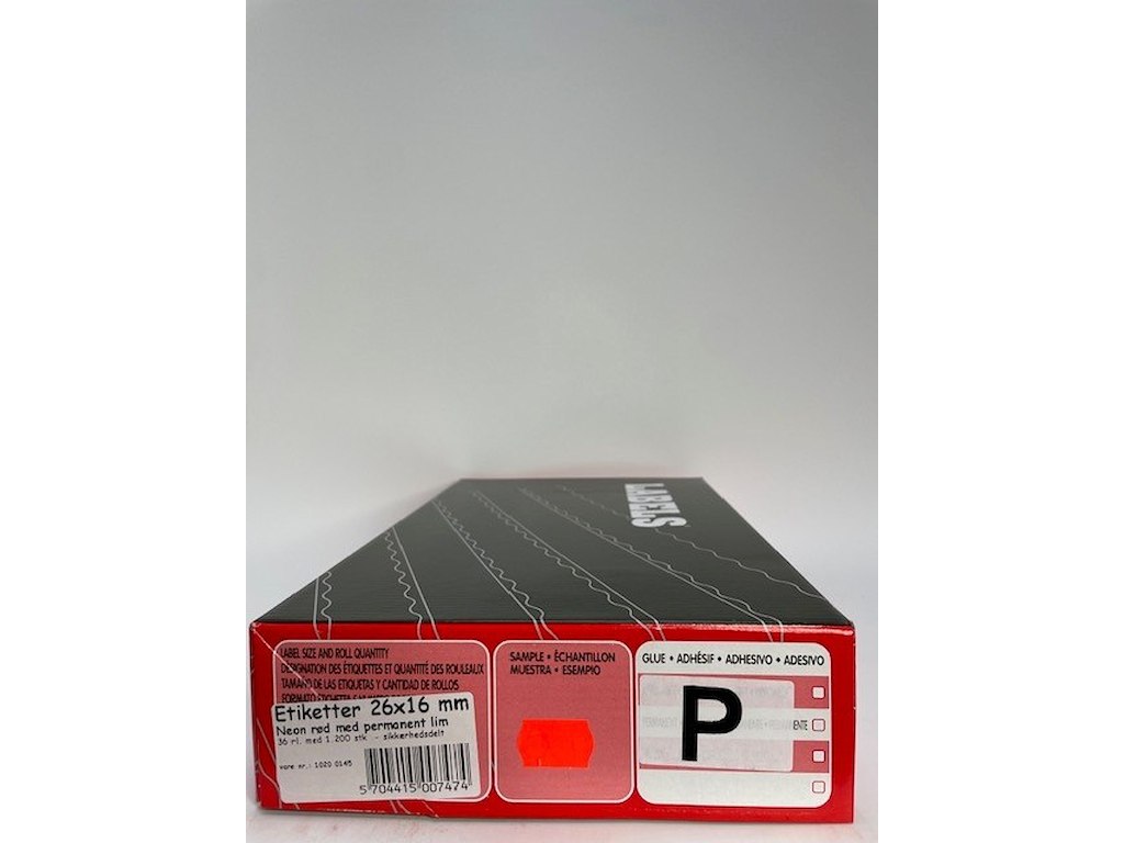 Etiketter 26x16 neon rød m/ permanent lim 36 rl. - sikkerhed delt