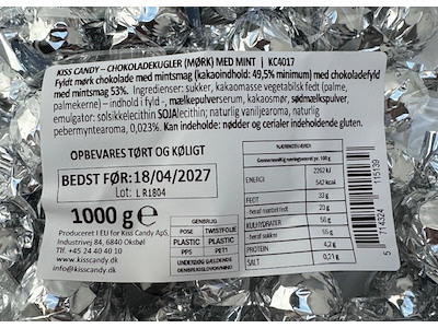 Chokoladekugler med fyld - mint sølv (1 kg.)