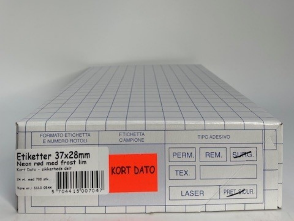 Etiketter 37x28 neon rød - Kort Dato m/ frostlim - 24 rl. - sikkerheds delt