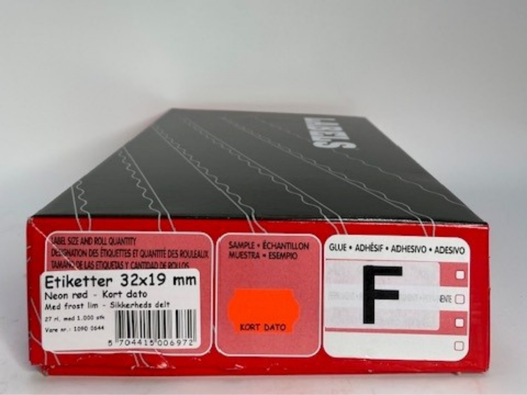 Etiketter 32x19 neon rød Kort Dato - sikkerheds delt - 27 rl. m/ 1.000 stk.