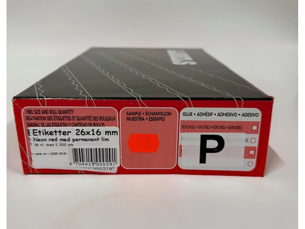 Etiketter 26x16mm neon rød P - 36 rl.