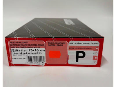 Etiketter 26x16mm neon rød P - 36 rl.