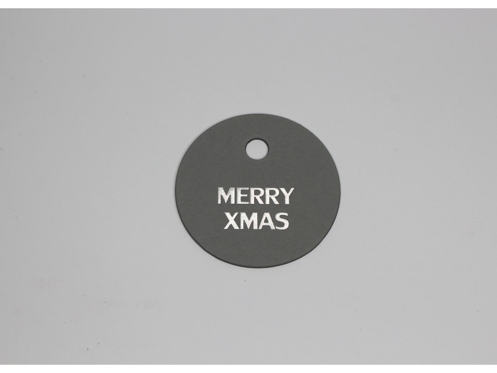 Papmærke rundt Merry Xmas grå m/sølv tryk 100 stk 