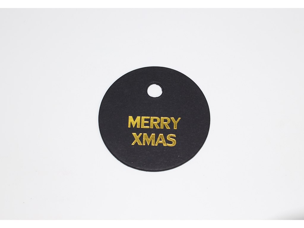 Papmærke rundt Merry Xmas sort m/guld tryk 100 stk 