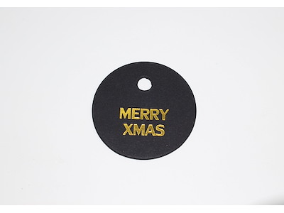 Papmærke rundt Merry Xmas sort m/guld tryk 100 stk 