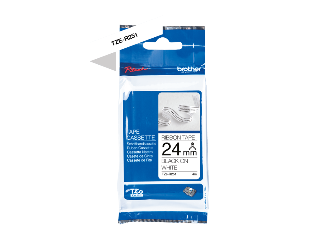 Brother TZe-R251 satin ribbon - Black on white, 24 mm. x 4 meters