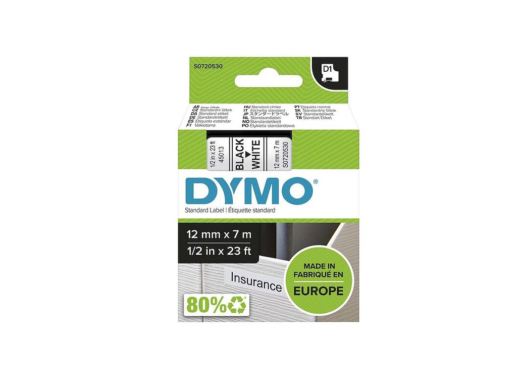 Dymo Tapekassette D1 sort/hvid