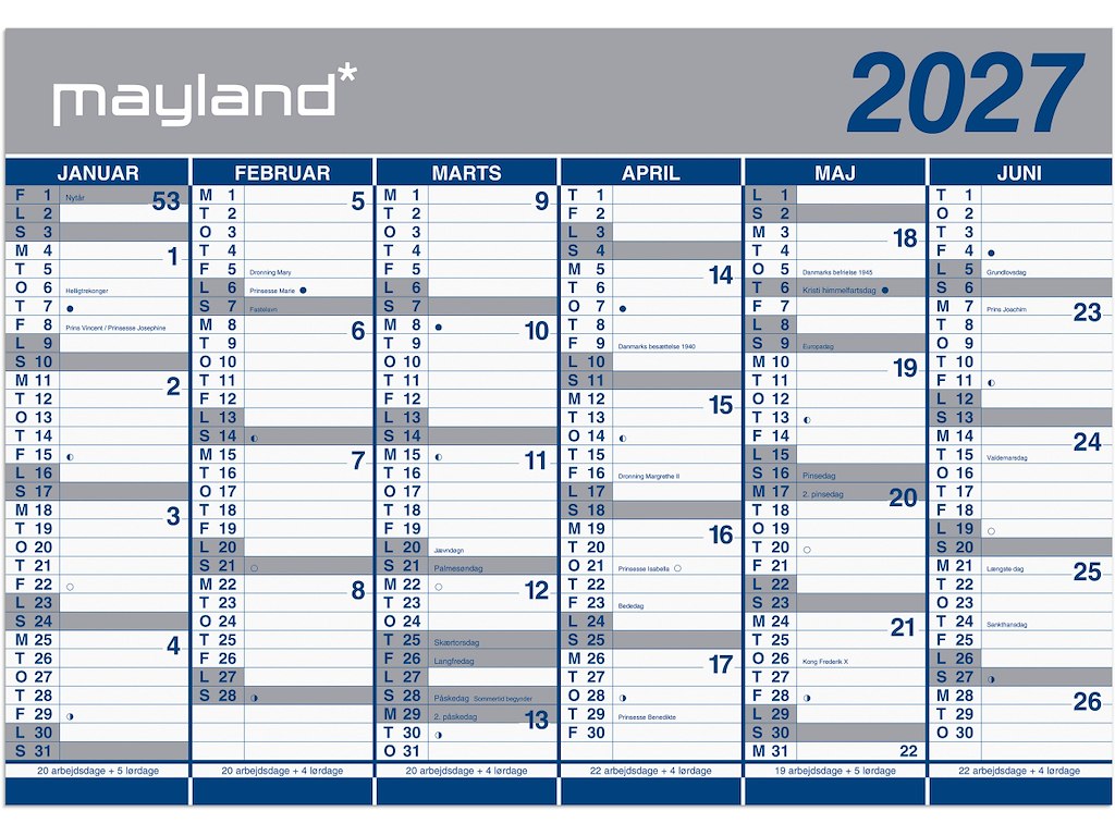 Mayland kæmpekalender 2027 - 2X6 Mdr. 70x100 cm.