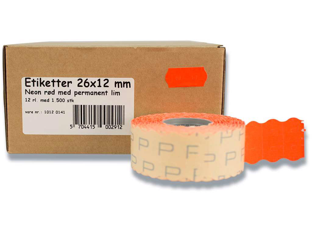 Etiketter 26x12mm neon rød permanent 12 rl.