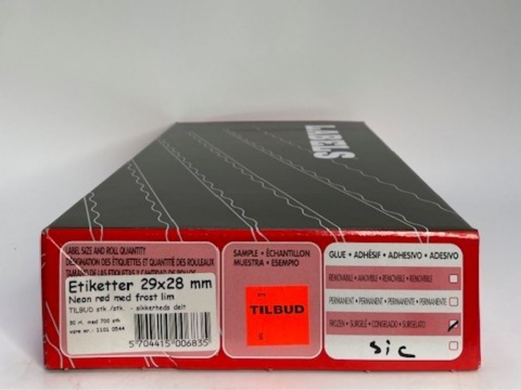Etiketter 29x28 neon rød stk. Tilbud stk. m/frostlim - sikkerheds delt