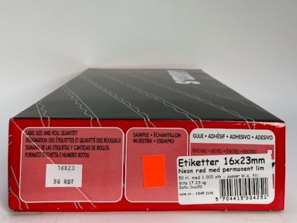 Etiketter 16x23mm neon rød - 50 rl. a' 1.000 stk.