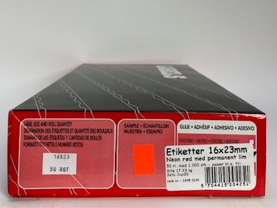 Etiketter 16x23mm neon rød - 50 rl. a' 1.000 stk.
