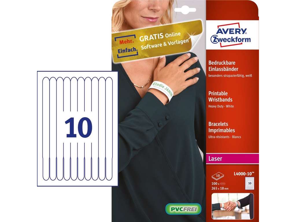 Avery L4000-10 Printbare armbånd, hvide 100 stk.