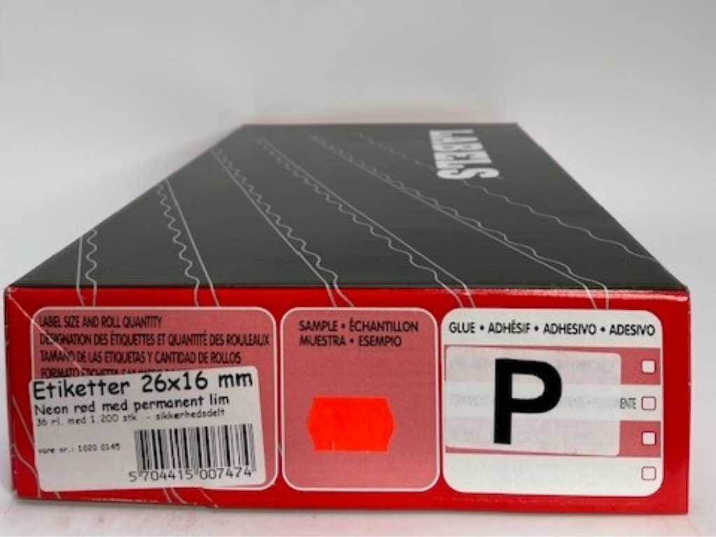 Etiketter 26x16 neon rød m/ permanent lim 36 rl. - sikkerhed delt