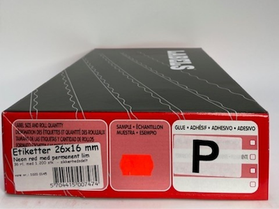 Etiketter 26x16 neon rød m/ permanent lim 36 rl. - sikkerhed delt