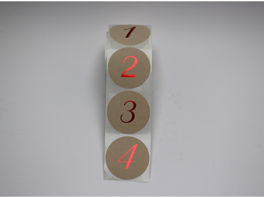 Etiketter Ø63mm 1-4 kvist m. rød metallic tal 120 sæt.