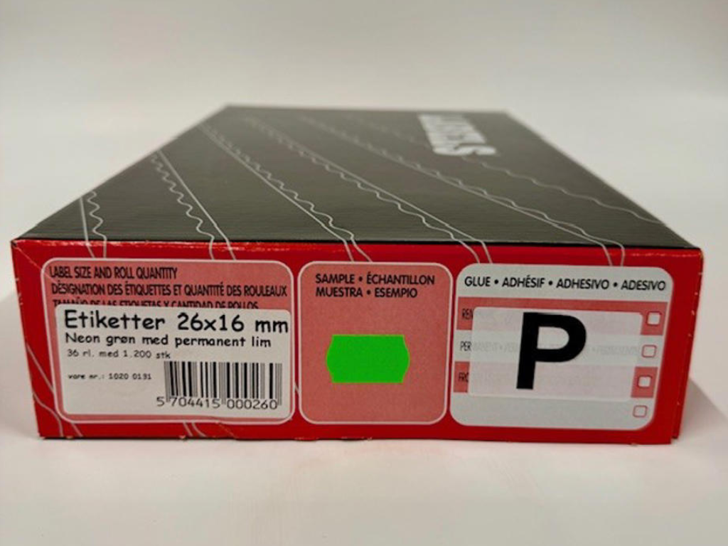 Etiketter 26x12mm neon grøn - 36 rl.