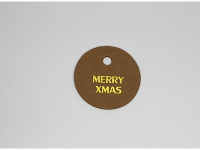 Papmærke rundt Merry Xmas natur m/guld tryk 100 stk 