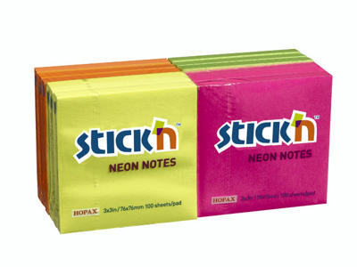 Memoblokke stick´n 76x76mm ass. neon farver. 12 blokke pr. pakke