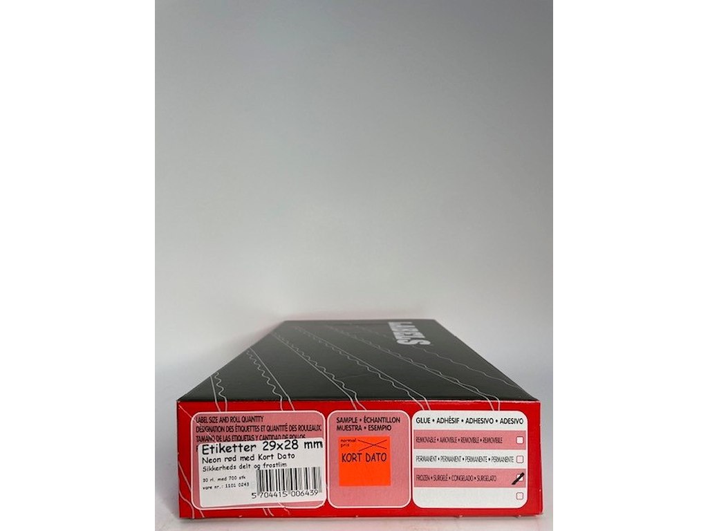 Etiketter 29x28 Kort Dato - neon rød m/ frost lim - sikkerheds delt.