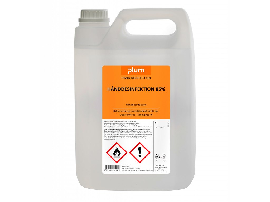 Hånddesinfektion Flydende Plum 85% ethanol 5ltr med Glycerol uden Parfume