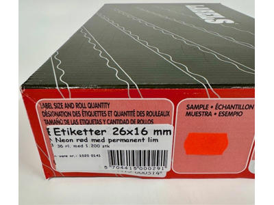 Etiketter 26x16mm neon rød P - 36 rl.
