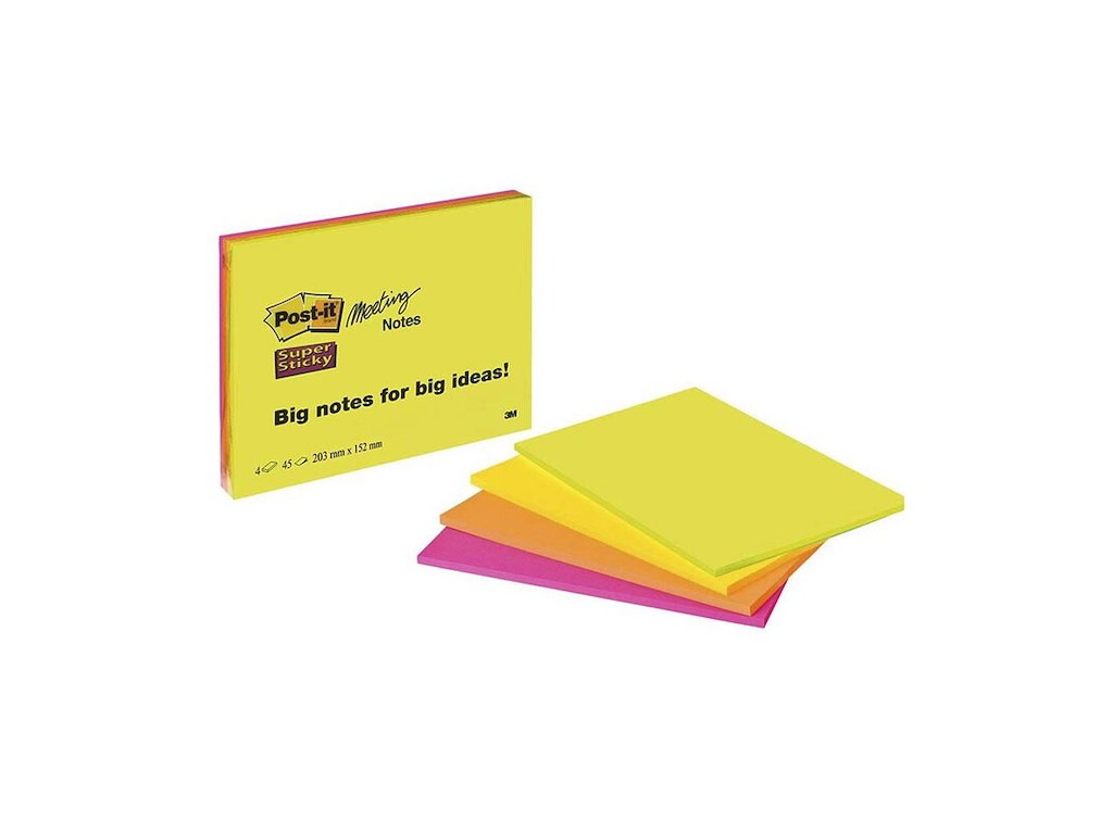 Post-it Sticky Notes super mødeblok 203x152mm 4 blokke ass.