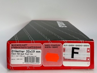 Etiketter 32x19 neon rød m/ frostlim og sikkerheds delt. - 27 rl.