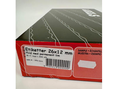 Etiketter 26x12mm hvide permanent lim - 36 rl.
