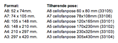 Selvklæbende cellofanposer til kort og konvolutter i A-formater.
